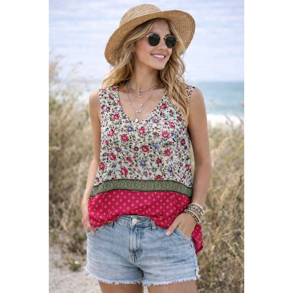 J. Jill‎ Womens Large Petite Floral Geometric boho Print Sleeveless Rayon Top